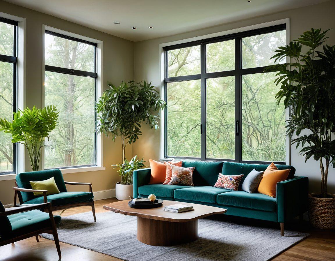 A cozy living room filled with innovative interior design elements, featuring a mix of modern furniture and vibrant decorative accents. The room should have large windows allowing natural light to pour in, with plants adding a touch of greenery. Include unique wall art and stylish lighting fixtures to enhance the atmosphere. The scene should evoke a sense of warmth and creativity. super-realistic. vibrant colors.