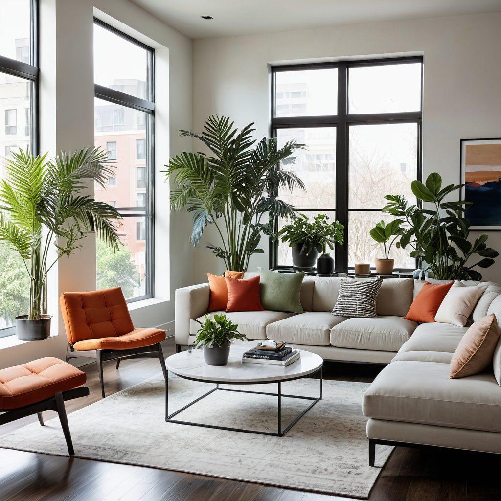 A beautifully designed contemporary living room with sleek furniture, vibrant decor, and large windows allowing natural light to pour in. Incorporate elements of greenery with indoor plants and framed artwork showcasing current design trends. The color palette should be a mix of warm and cool tones to signify comfort and style. Add minimalist accents and spaciousness to emphasize openness and modernity. super-realistic. vibrant colors. bright ambiance.