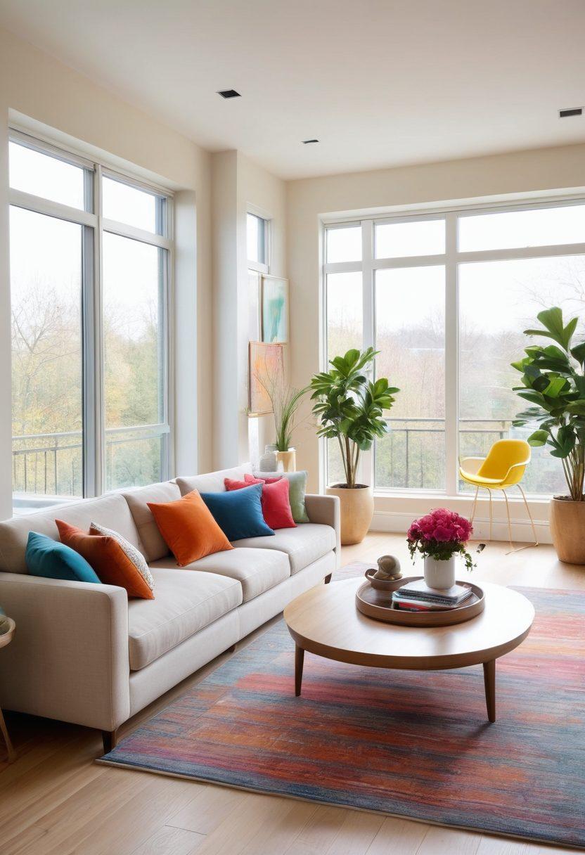 An aesthetically pleasing interior featuring a modern living room with contemporary furnishings, vibrant decorative accessories, and a harmonious color palette. Include elements like a stylish sofa, unique art pieces, and natural light streaming through large windows, creating an inviting atmosphere. Emphasize balance and tranquility in the design. super-realistic. vibrant colors. airy and bright.
